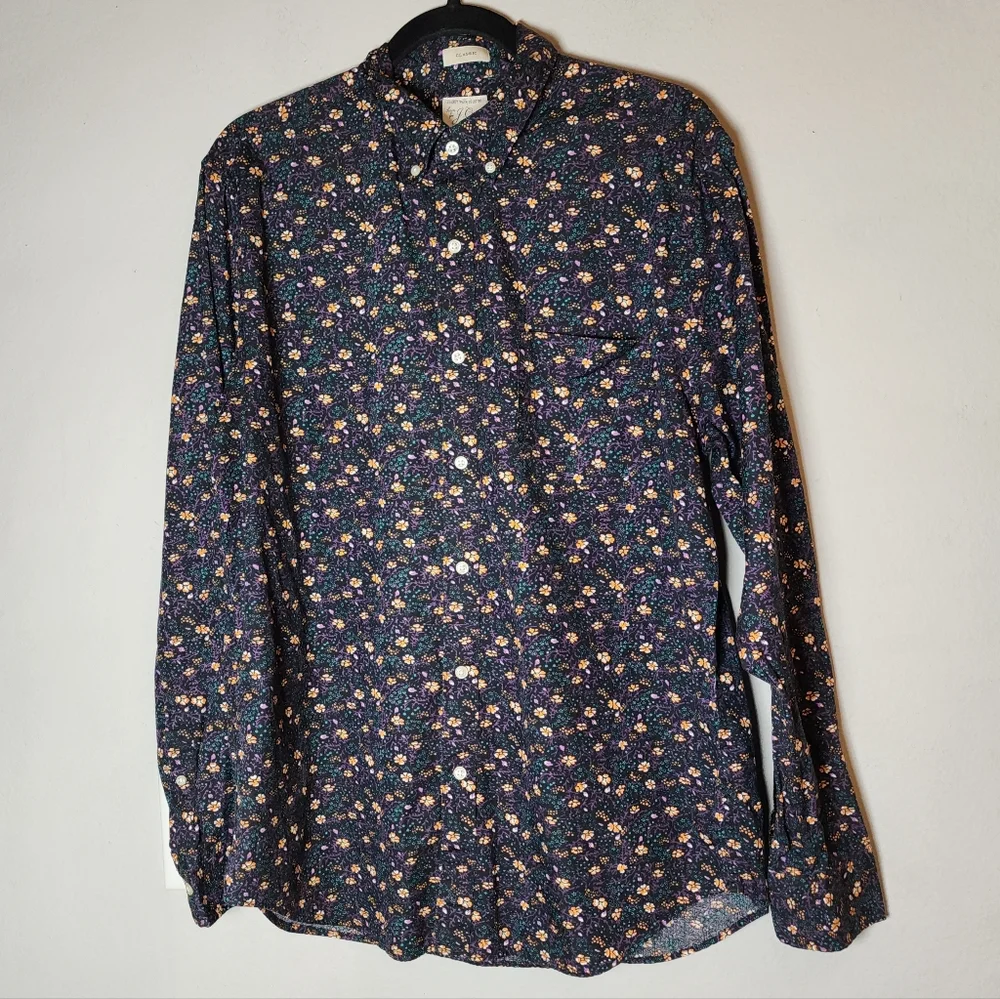 J. Crew Secret Wash Cotton Poplin Long Sleeve Button Shirt Yellow Green Floral M